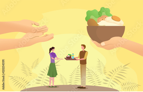 volunteering and charity concept, volunteers give a bowl of food to a person in need, meals donation, food donation