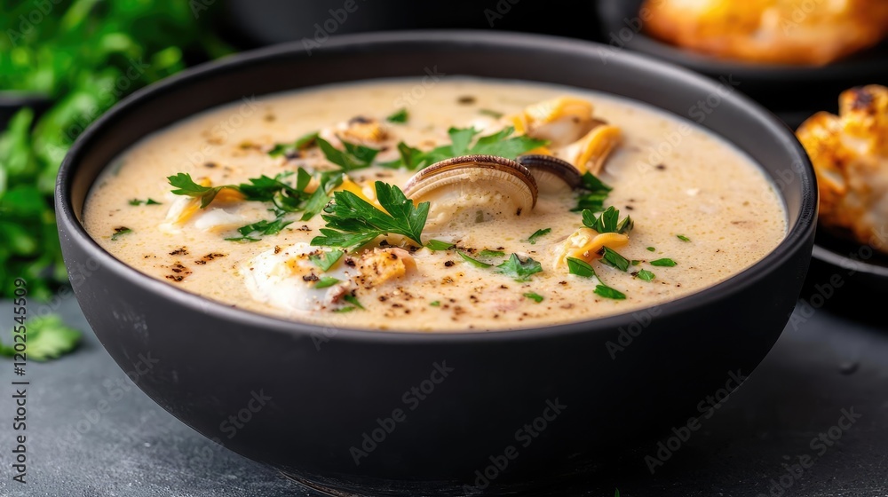 Creamy clam chowder in bowl, bread, parsley garnish. Recipe, food blog, restaurant menu Creamy clam chowder in bowl, bread, parsley garnish. Recipe, food blog, restaurant menu