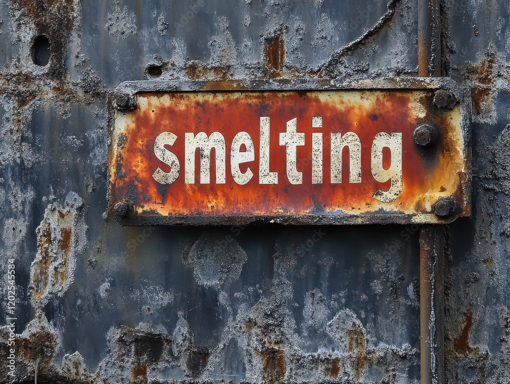Rusty and Weathered Smelting Sign on a Corroded Metal Surface Contrasting Industrial Decay and the Passage of Time in a Historical Context Rusty and Weathered Smelting Sign on a Corroded Metal Surface Contrasting Industrial Decay and the Passage of Time in a Historical Context