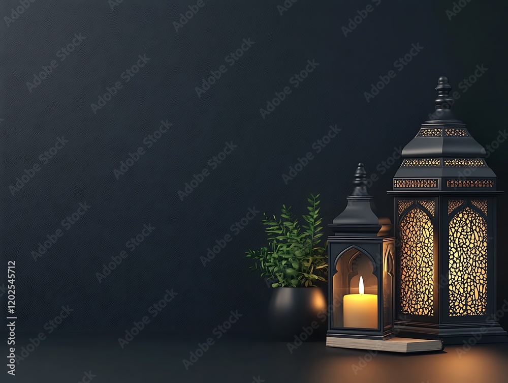 Fototapeta premium Illuminated Moroccan Lanterns with Candle and Plant