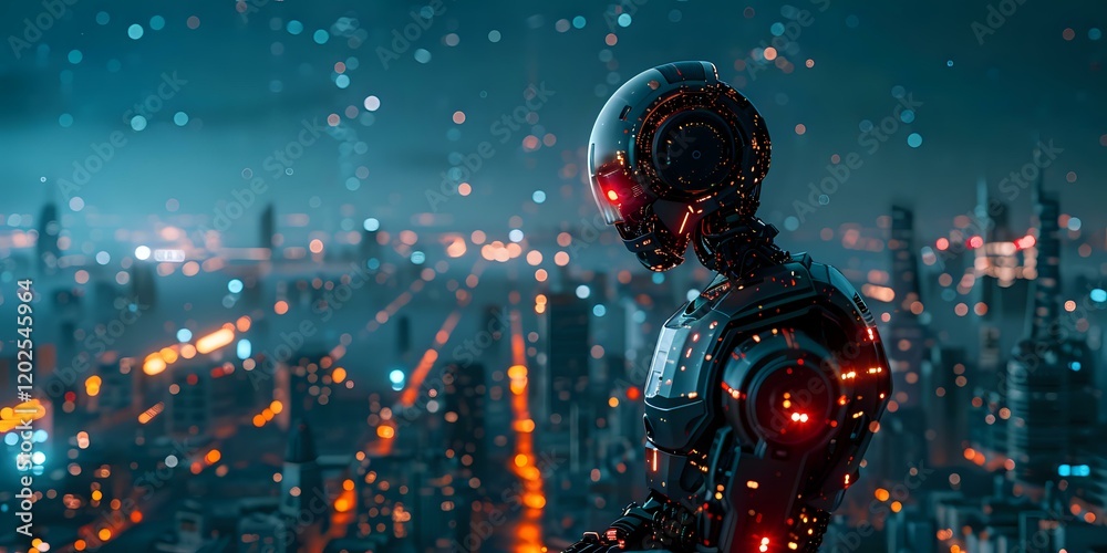 Futuristic android silhouette overlooking night cityscape with glowing lights and bokeh effects. Cinematic sci-fi atmosphere perfect for technology, artificial intelligence and future concepts.