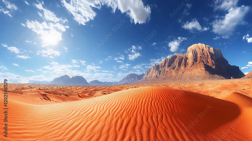 Fototapeta premium Vast Desert Landscape With Towering Mountains Under a Bright Blue Sky Showcasing Natural Beauty and Serenity