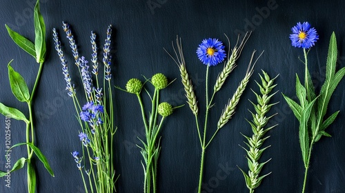 A collection of diverse blossoms arrayed against a dark backdrop, featuring green stems and azure petals flanking the central stem