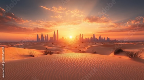 Beautiful Sunset Illuminating a Futuristic Skyline Amidst the Vast Golden Sand Dunes With Dramatic Clouds