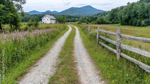 Country road leads to farmhouse in Vermont mountains.  Postcard image