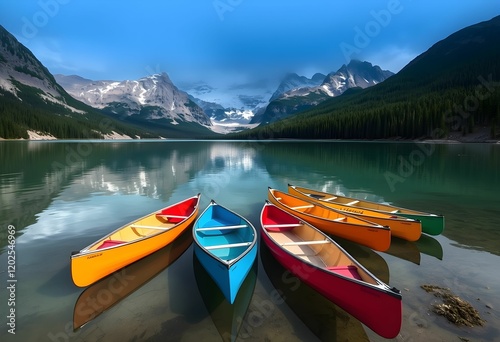 A view of Lake Maligne in Canada with Canoes in the foreground
