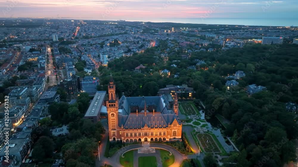 4k Aerial view of The Peace Palace (Vredespaleis) in The Hague , Netherlands. Europe