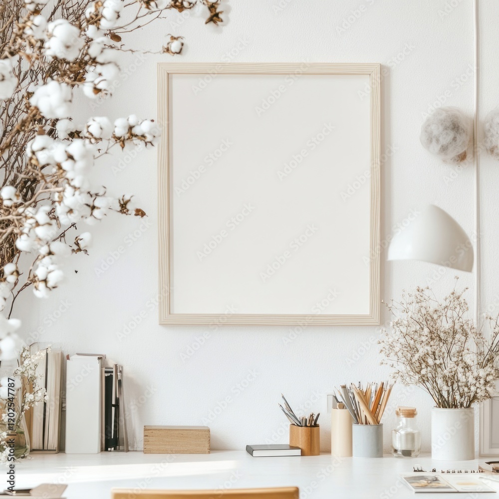 Obraz premium Blank frame mockup in minimalist home office.