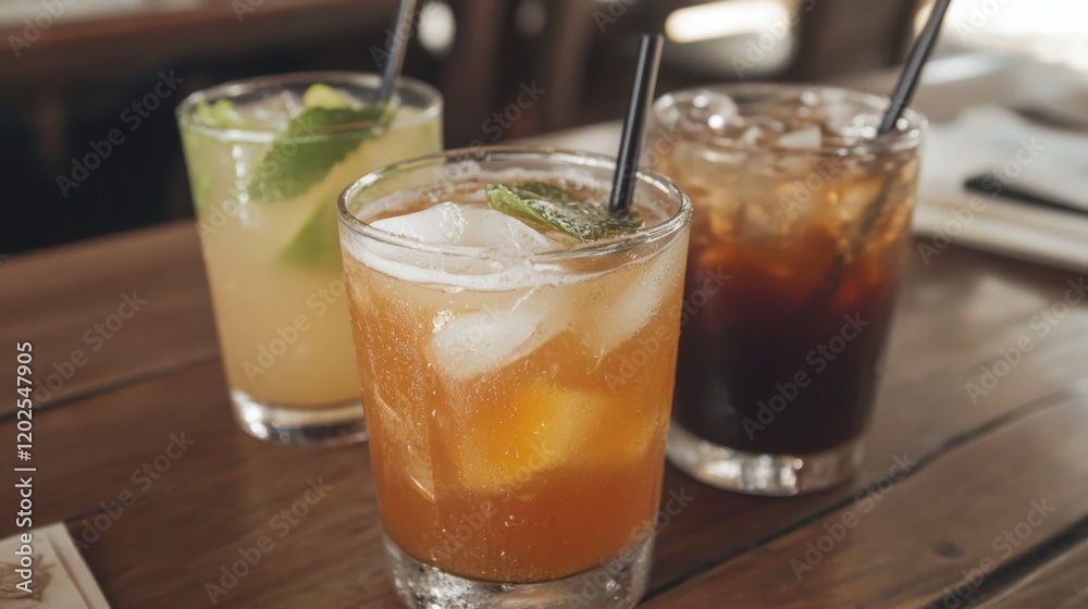 Three iced drinks on a wooden table; lime, iced tea, cola.