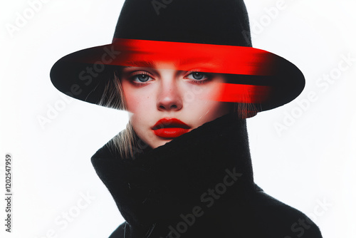 Fashion portrait of a woman with a black hat and red stripe