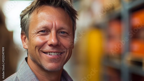 smiling Commodity Manager looks into the camera, blurry background, 16:9 photo