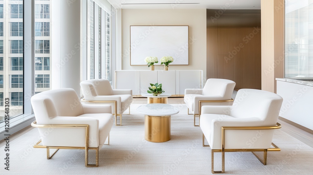 Fototapeta premium A high end boutique lounge with Mocha Mousse seating, brass accents, and atmospheric lighting
