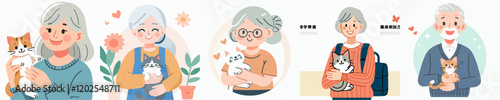 vector set of grandparents holding pet cats