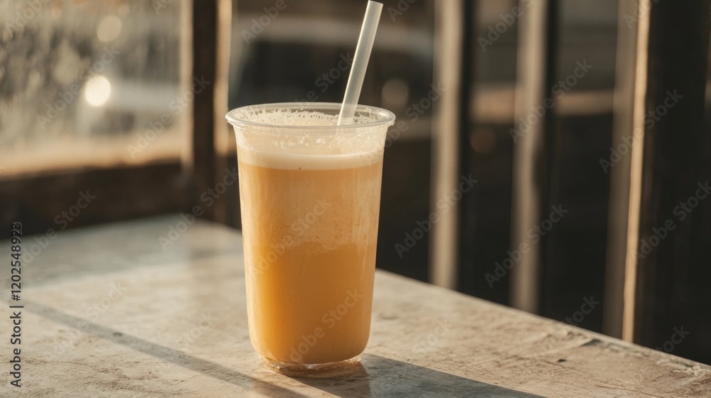 Refreshing orange juice in plastic cup with straw. Refreshing orange juice in plastic cup with straw.