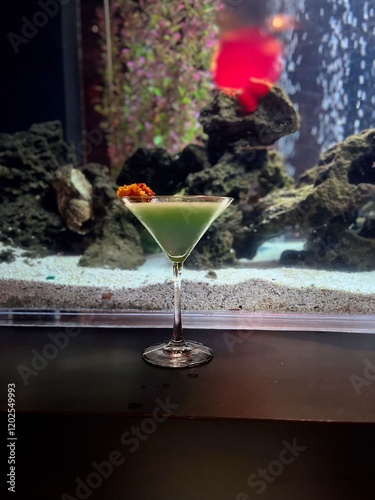 Colorful Craft Martini in Front of Fish Tank