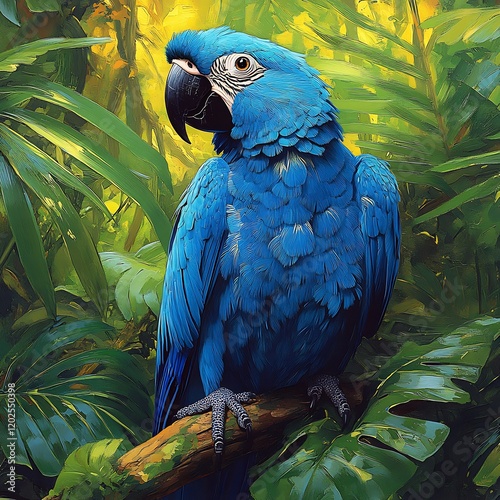 Colorful plumage of the Spixs Macaw perched in a tropical rainforest its vibrant blue feathers creating a striking contrast against the lush green backdrop photo