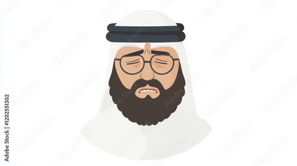 A linear vector illustration of a Middle Eastern man with glasses, expressing pain while frowning. Clean and simple design. A linear vector illustration of a Middle Eastern man with glasses, expressing pain while frowning. Clean and simple design.