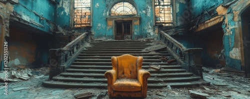 The Abandoned Grandeur of a Crumbling Mansion Interior with a Solitary Chair Amidst Decay, Capturing the Eerie Beauty of Forgotten Architecture and Vanishing History photo