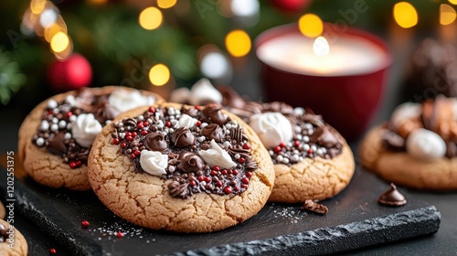 Festive chocolate cookies on slate, Christmas lights background. Food photography for holiday recipes