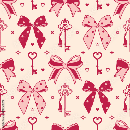 Seamless pattern with bow knots, vintage keys, and romantic pink accents. Flirty and coquette background for feminine stationery, gift wrap, textiles, and girly holiday themes