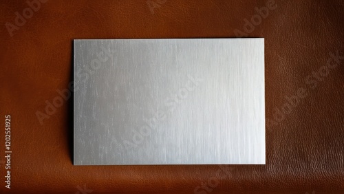 Flat brushed blank metal plate mockup on brown leather background.