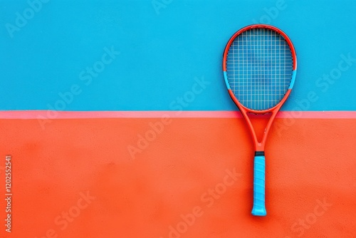 A single sleek tennis racket stands out against a clean backdrop, capturing the essence of sport and minimalism. photo