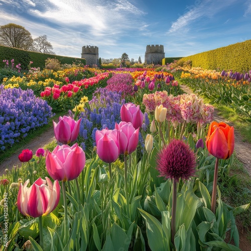 Red, white, and yellow tulips flourish among other spring flowers in Eastcote House Gardens, London, a historic walled garden managed by volunteers photo