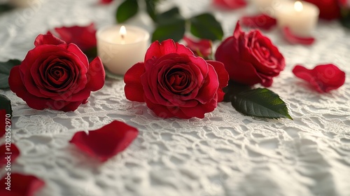 Romantic red roses candles lace tablecloth background