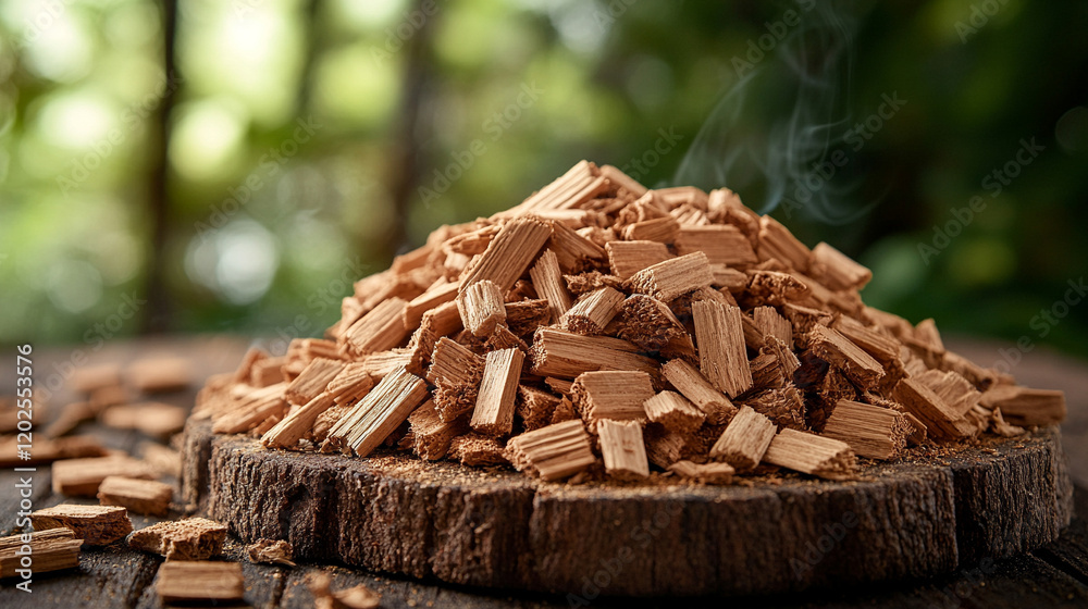 Wood chips for smoking create a textured background with natural apricot wood chunks, blurred with empty space on the side for a modern chaotic look and feel Wood chips for smoking create a textured background with natural apricot wood chunks, blurred with empty space on the side for a modern chaotic look and feel