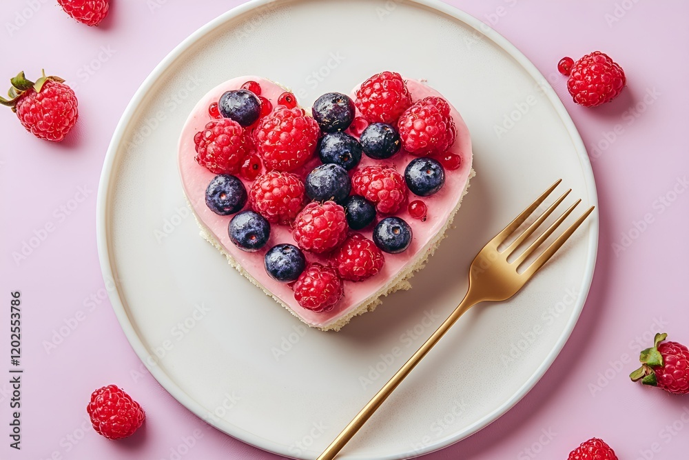 Heart-shaped cake topped with fresh raspberries and blueberries on a white plate with a golden fork Heart-shaped cake topped with fresh raspberries and blueberries on a white plate with a golden fork