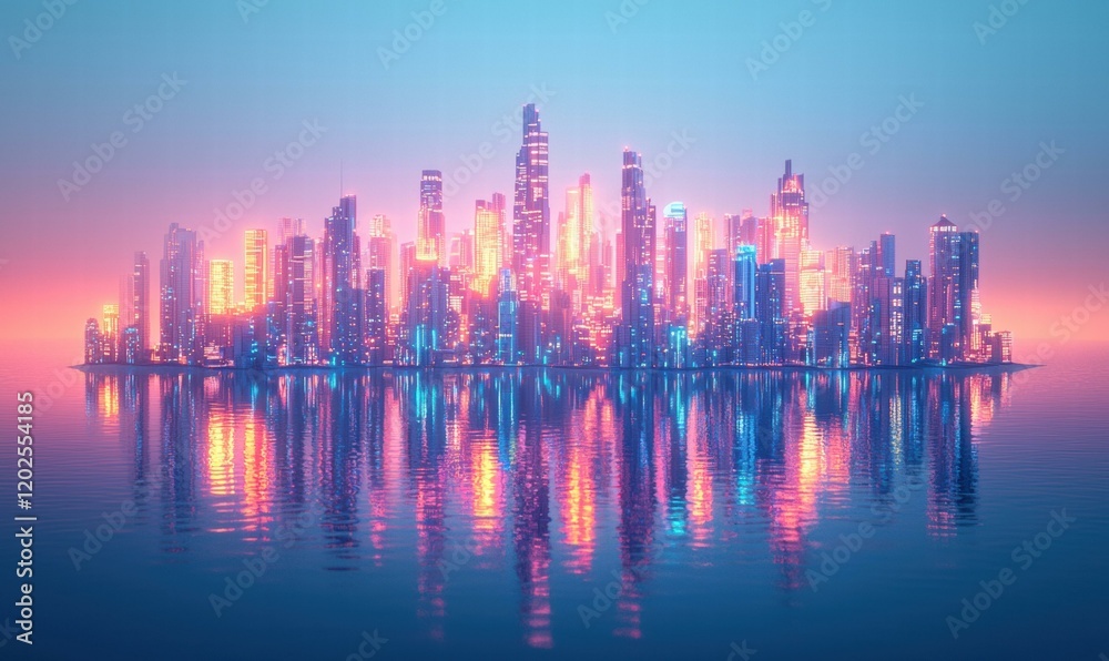 Fototapeta premium City lights reflected on calm water at sunset. AI.