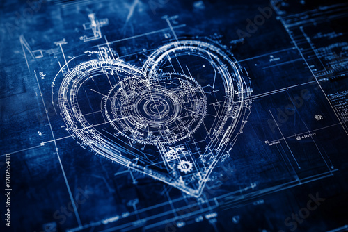 Drawing of a detailed blueprint of a mechanical gear system inside a heart symbol. Concept of love generating and science or Valentine's Day. photo