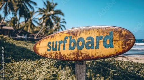 Rustic Surfboard Sign Amidst Lush Tropical Beach Vibes, Emphasizing Outdoor Adventure, Coastal Scenery, and Recreational Surf Culture