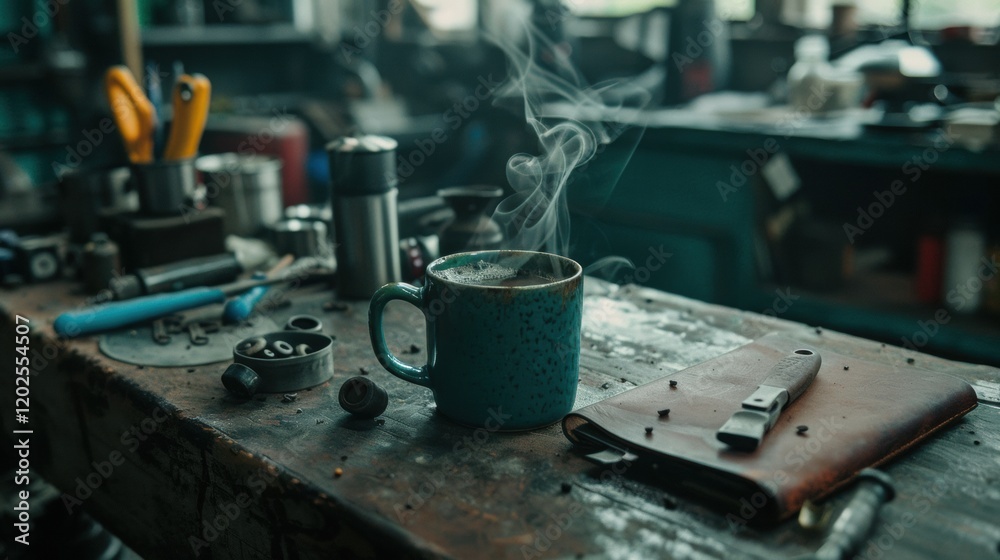 Steaming Coffee Mug on Rustic Workbench with Tools Steaming Coffee Mug on Rustic Workbench with Tools