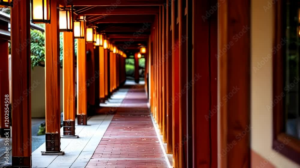 Tranquil Walkway: Serene Corridor with Warm Lighting and Wooden Architecture Tranquil Walkway: Serene Corridor with Warm Lighting and Wooden Architecture