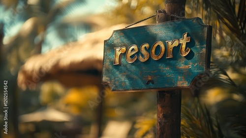 Rustic Resort Sign Set in a Tropical Paradise with Palm Trees and Thatched Roof Cabana, Creating a Serene and Relaxing Atmosphere