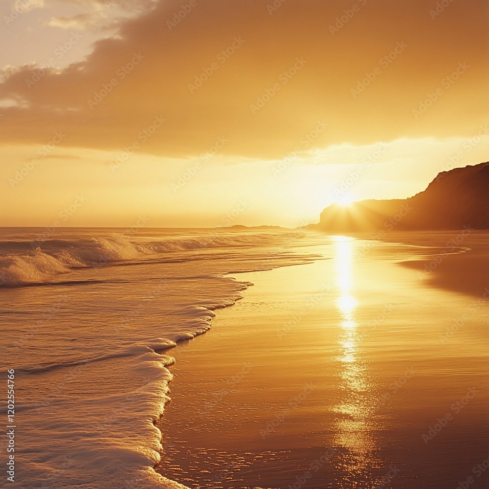 Naklejka premium Golden sunset over ocean waves on sandy beach. (3)