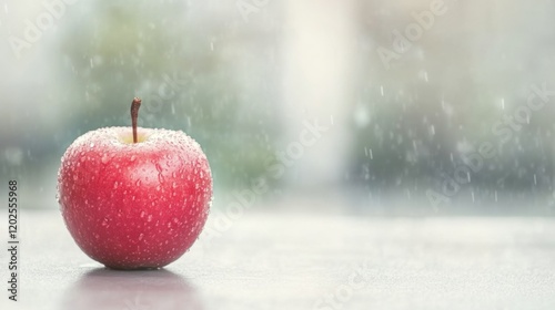 Red apple with water droplets on a windowsill during rain. photo