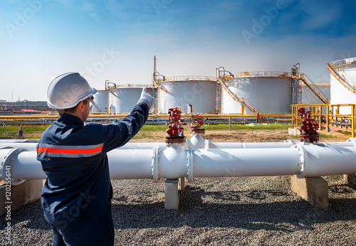 Workers visually inspect the gas pipeline, refinery, in the background the technology of the oil pipeline and storage tanks photo