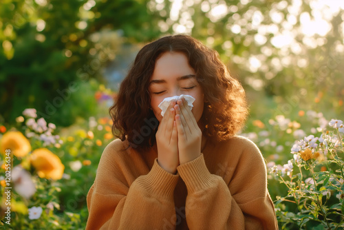 Young Asian woman with curly hair sneezing in blooming garden during pollen season, wearing brown sweater, seasonal allergy and hay fever symptoms outdoors