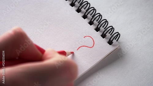 A red pencil sketches a bold question mark on a clean white notebook. The hand completes the drawing with precision and places the pencil down, symbolizing curiosity, ideas, and creative thinking. photo