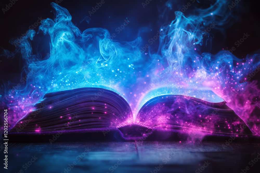 Fototapeta premium Magic book emitting glow with swirling energy and smoke