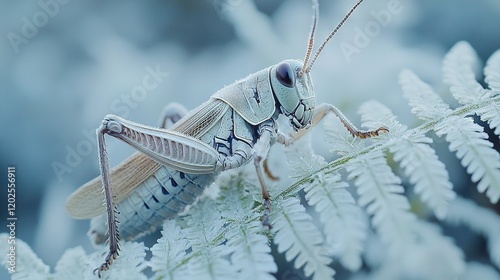   A clearer image of a grasshopper on a plant with snow on the ground is needed to provide a better visual experience photo