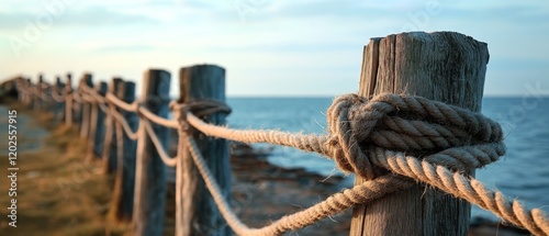 A robust rope binds weathered wooden posts along a coastal path, reflecting the rugged charm of the sea. photo