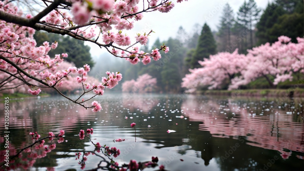 Fototapeta premium Serene landscape of cherry blossom trees reflecting in a calm lake surrounded by mist