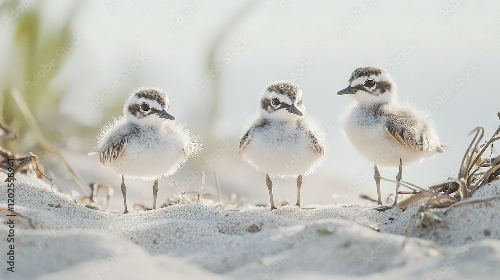 A flock of tiny seabirds perched on a sandy shore beside seaweed and oats A flock of tiny seabirds perched on a sandy shore beside seaweed and oats