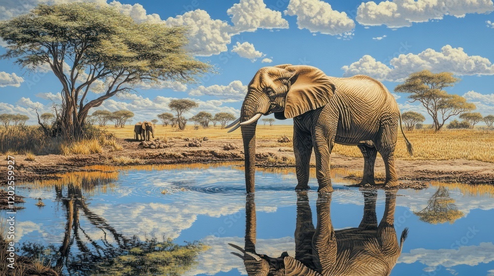 Fototapeta premium Majestic elephant drinks at watering hole, African savanna landscape