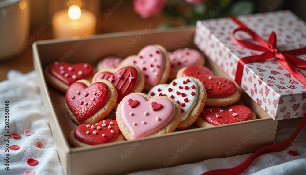 Delicious heart-shaped Valentine's Day cookies in gift box, love celebration Delicious heart-shaped Valentine's Day cookies in gift box, love celebration