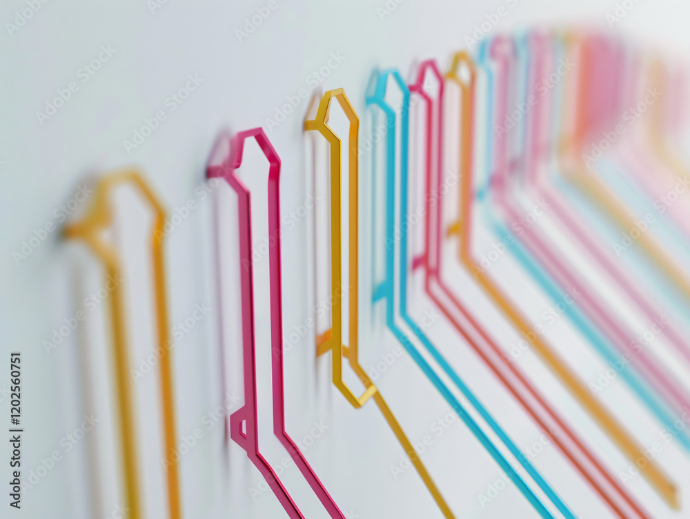 Obraz premium A set of multicolored paperclips arranged in a line on a clean, white background, creating a visually simple yet impactful design.