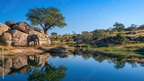 African elephant by tranquil river, morning light, boulders, savanna